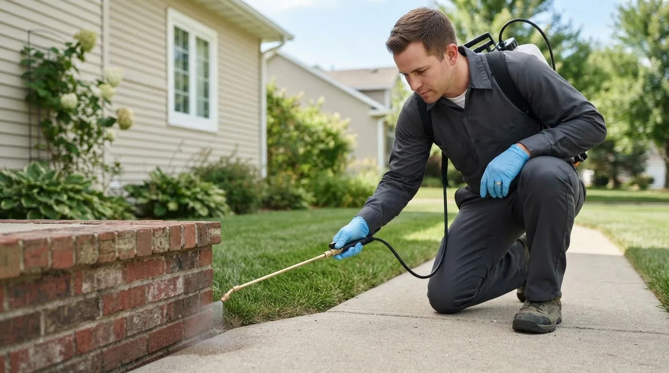 Pest control technician treating a home near Ada, MN