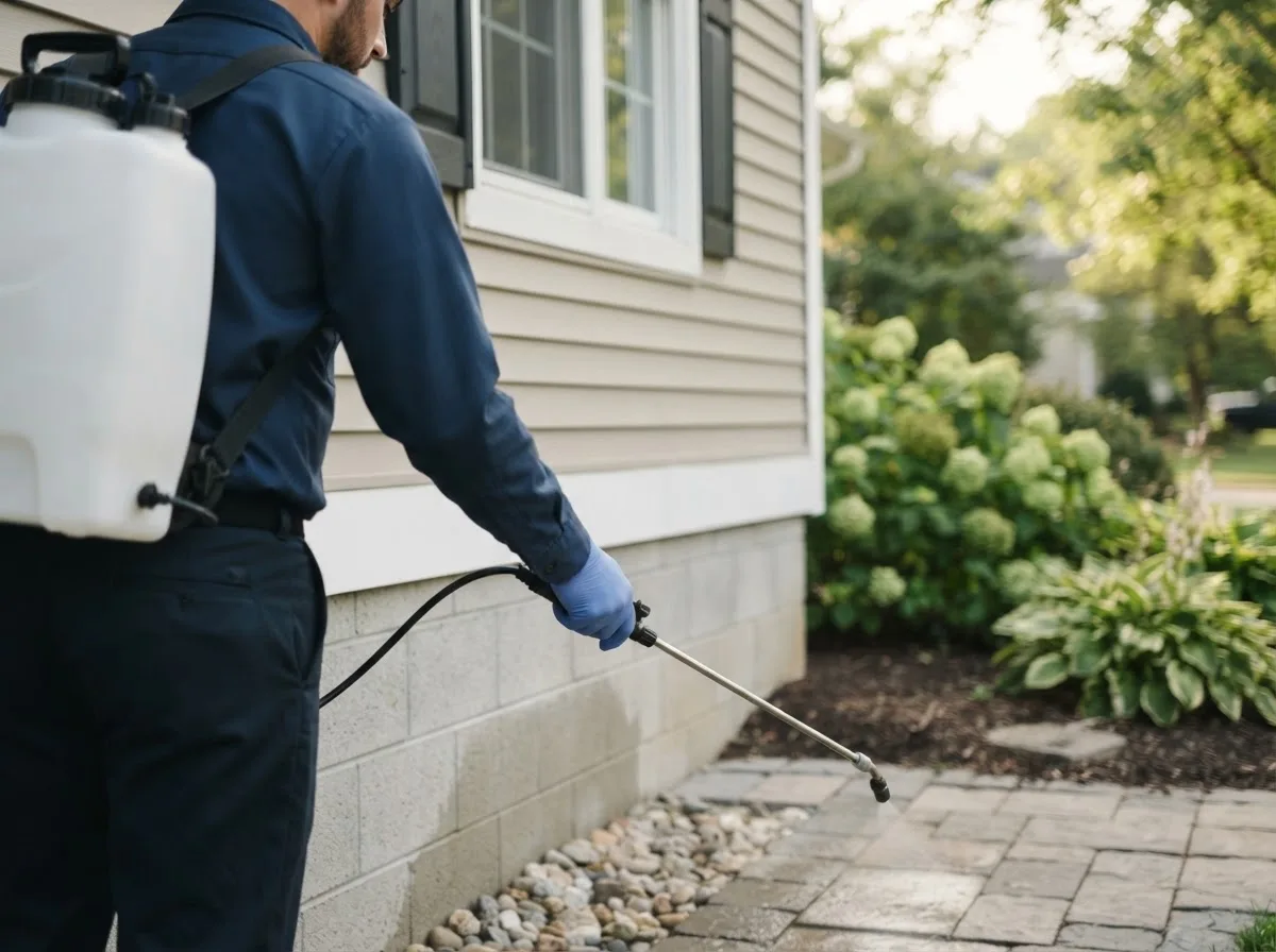 Pest control technician inspecting a home in Ada, MN